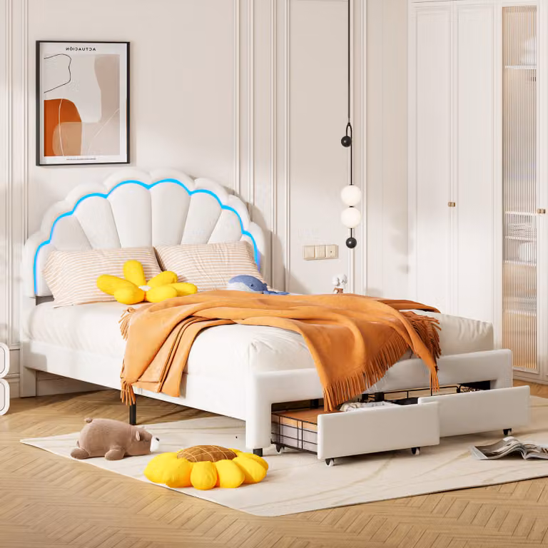 CDGlobal Letto imbottito matrimoniale 140x200 cm con illuminazione a LED, letto con cassetti e testiera, letto contenitore Struttura letto con rete e doghe, lino, beige