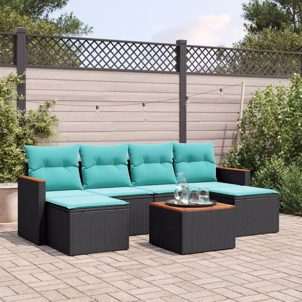 Set di divani da giardino vidaXL 7 pezzi a forma di L con cuscini, tavolino e pouf in rattan e metallo nero