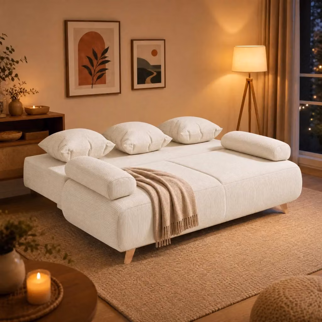 Divano letto a 3 posti Mivray in velluto a righe beige con cuscini inclusi e struttura in legno – 2