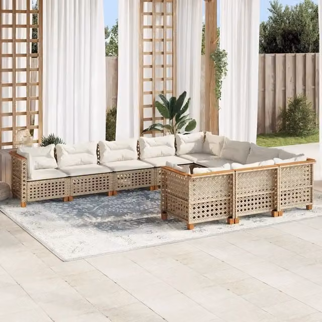 Set Divano da Giardino a Forma di U vidaXL in Polyrattan con Cuscini Beige e Struttura in Legno di Acacia