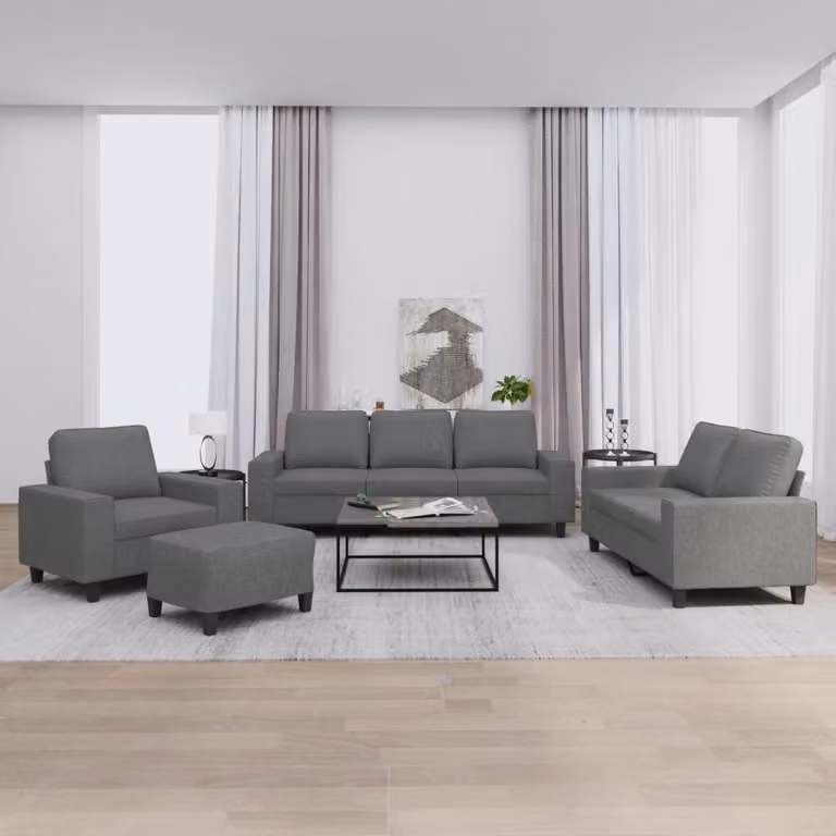 Set di Divani 4 Pezzi vidaXL in Tessuto Grigio con Pouf e Cuscini per Soggiorno Moderno