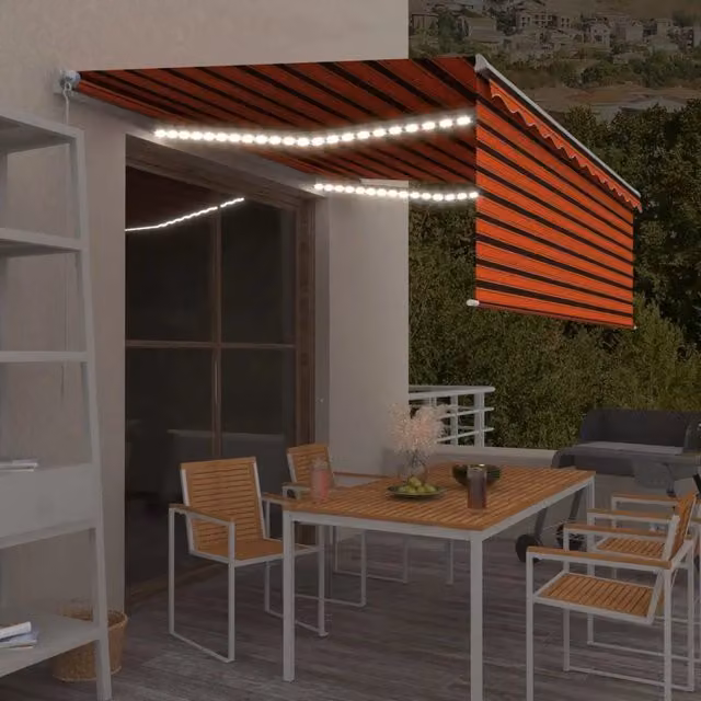Tenda da sole retrattile manuale VIDAXL con LED in alluminio e poliestere, Arancione e Marrone, L: 450 cm, H: 120 cm