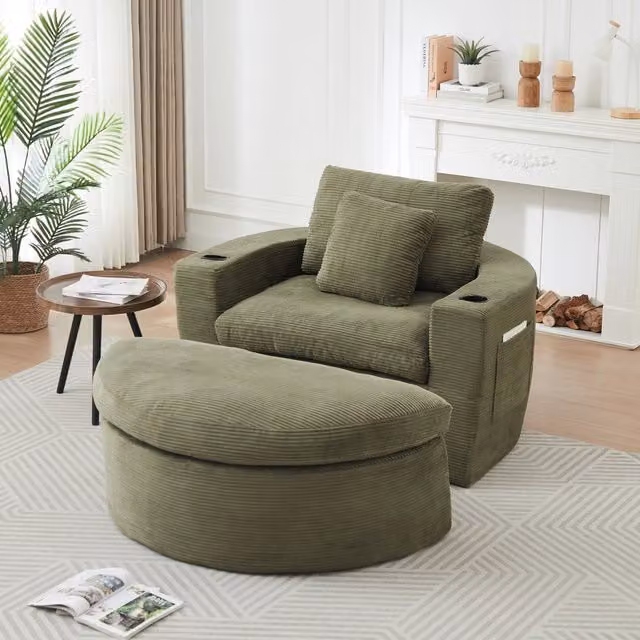 Poltrona imbottita - Poltrona rotonda - Divanetto monoposto - Con poggiapiedi - 2 portabicchieri - Verde