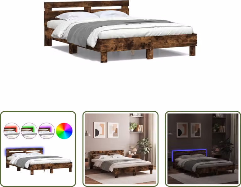 The Living Store Giroletto con testiera Illuminazione LED Rovere fumé 140x190cm