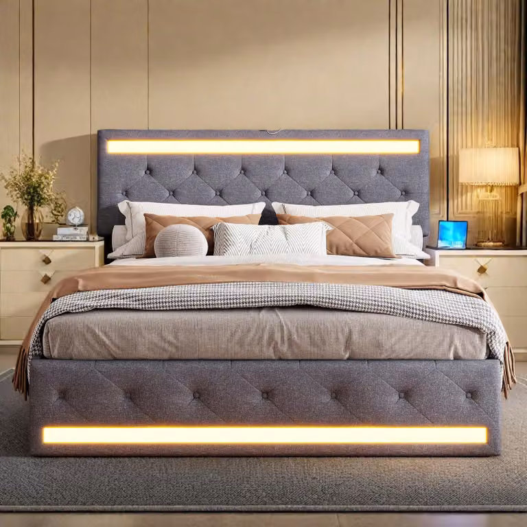 Letto imbottito INONEFT, 140x190 cm, moderno letto a molle con LED e USB, letto per ragazzi con 4 cassetti contenitori, senza materasso, tessuto: lino, colore: grigio scuro