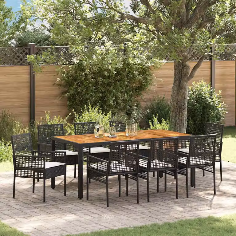 Set da pranzo per giardino e terrazzo vidaXL in polyrattan nero e beige con tavolo in legno di acacia, 9 pezzi