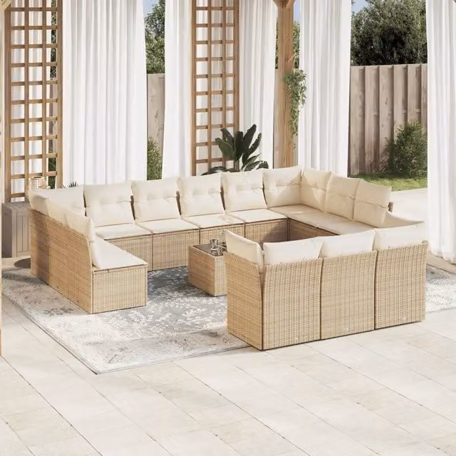 Set di divani da giardino a forma di U VIDAXL in polyrattan beige con 14 pezzi e cuscini inclusi