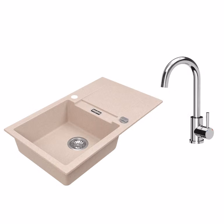 VBChome Lavello in granito 76 x 44 cm Beige con rubinetto Lavello da incasso a vasca singola Reversibile Speckled Lavello di facile manutenzione con sifone