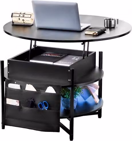 VEVOR Tavolino da Caffè Rotondo con Piano Sollevabile e Tasche Portaoggetti, Nero, L/P/H: 90 x 90 x 51 cm