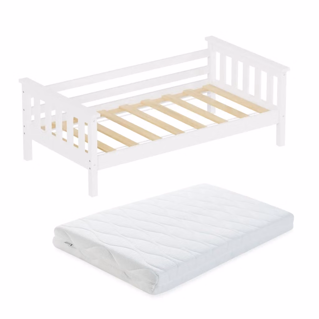 Letto per bambino en.casa in legno di pino con materasso ipoallergenico in schiuma fredda, design moderno con testiera e pediera, Bianco, L/P/H: 140 x 70 x 50 cm – 2