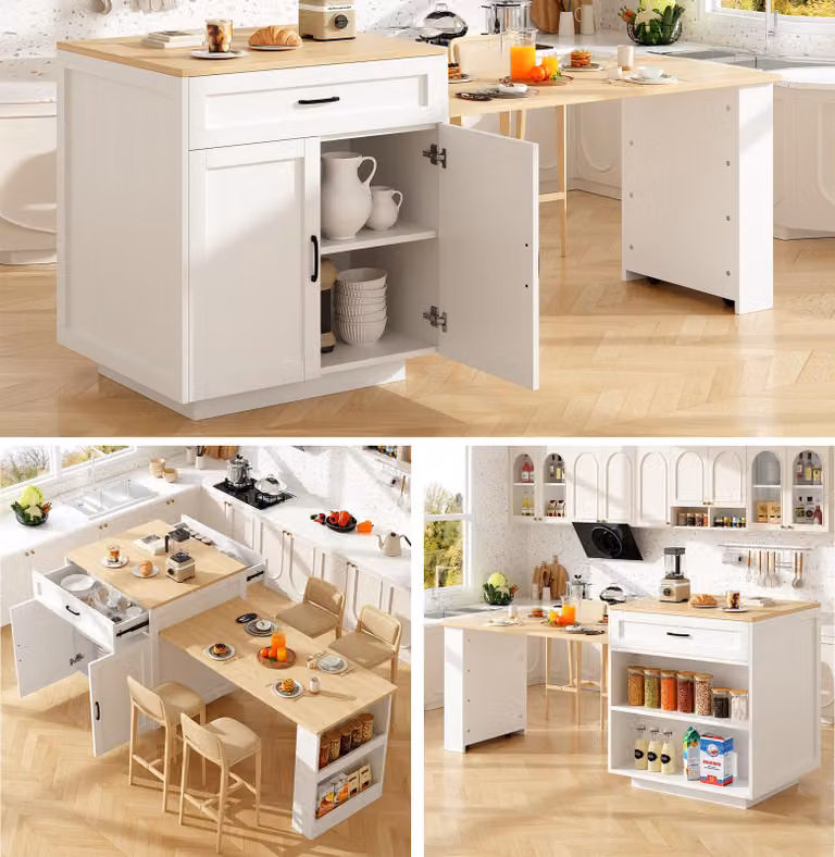 Tavolo allungabile con contenitore (133-202×70×93,5 cm), dotato di 2 cassetti e 2 vani, tavolo allungabile per isola cucina, adatto per 2-6 persone, carrello da cucina con ripiani laterali, colore bianco