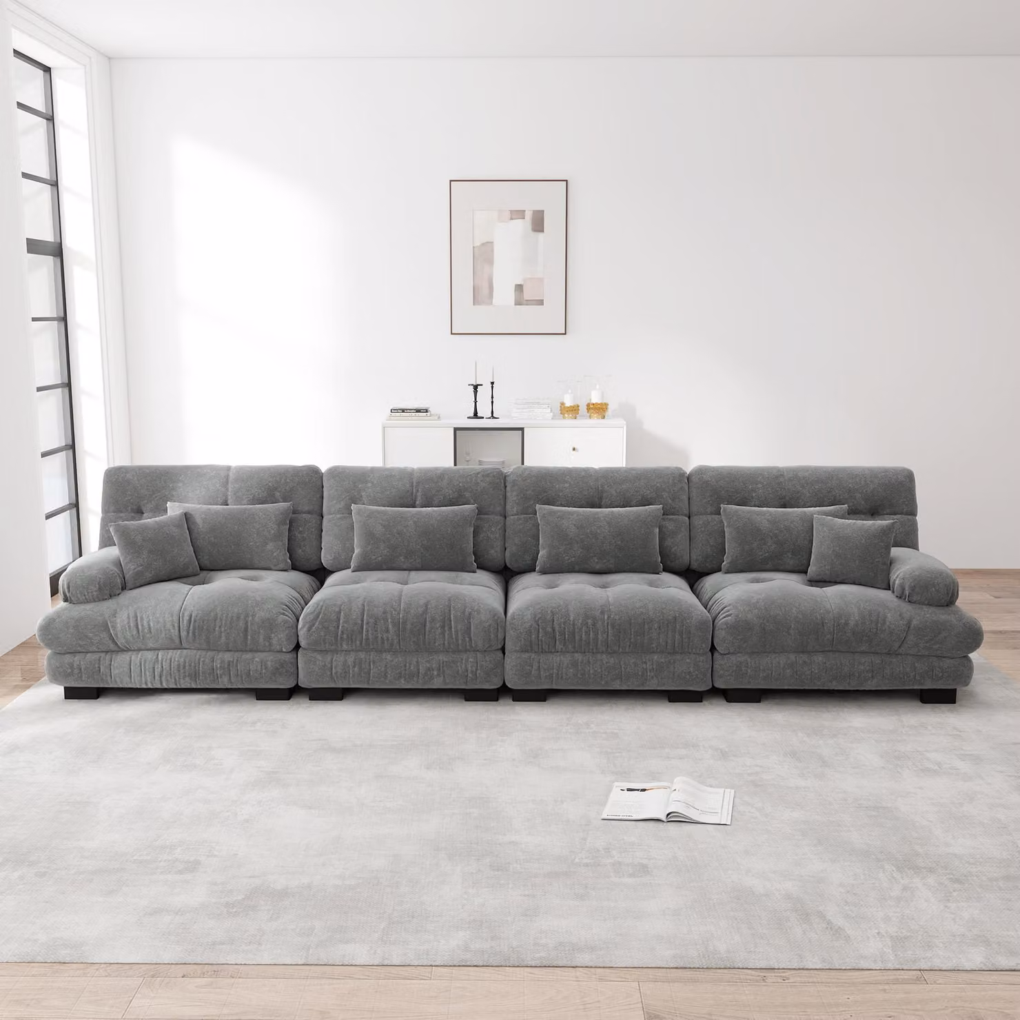 Divano angolare modulare Sweiko a 4 posti con seduta profonda, divano letto in ciniglia Comodo imbottito per soggiorno, appartamento, studio, ufficio, ciniglia grigio