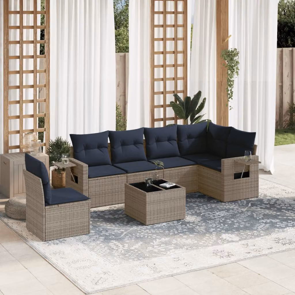 Set Divani da Giardino vidaXL 7 pz in Polyrattan Grigio con Cuscini e Tavolino da Esterno a Forma di L