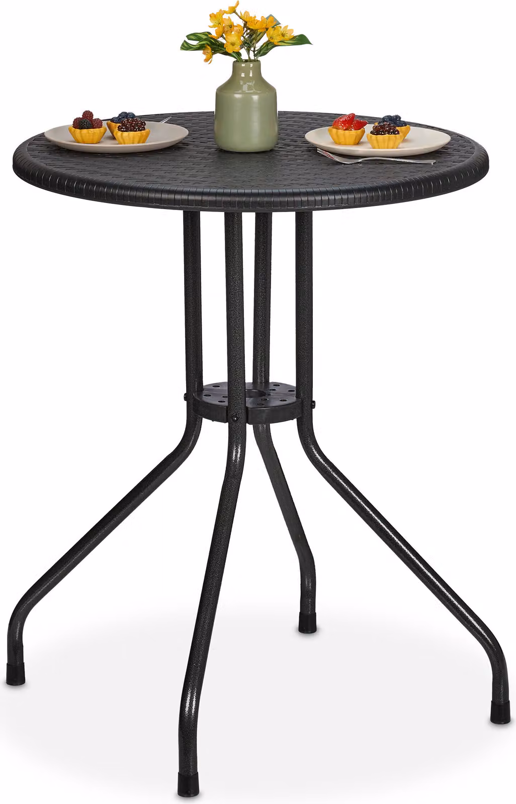 Tavolo da giardino Relaxdays, A x P: 73 x 60 cm, effetto rattan, plastica e acciaio, tavolo da pranzo da esterno, tavolo rotondo da balcone, nero