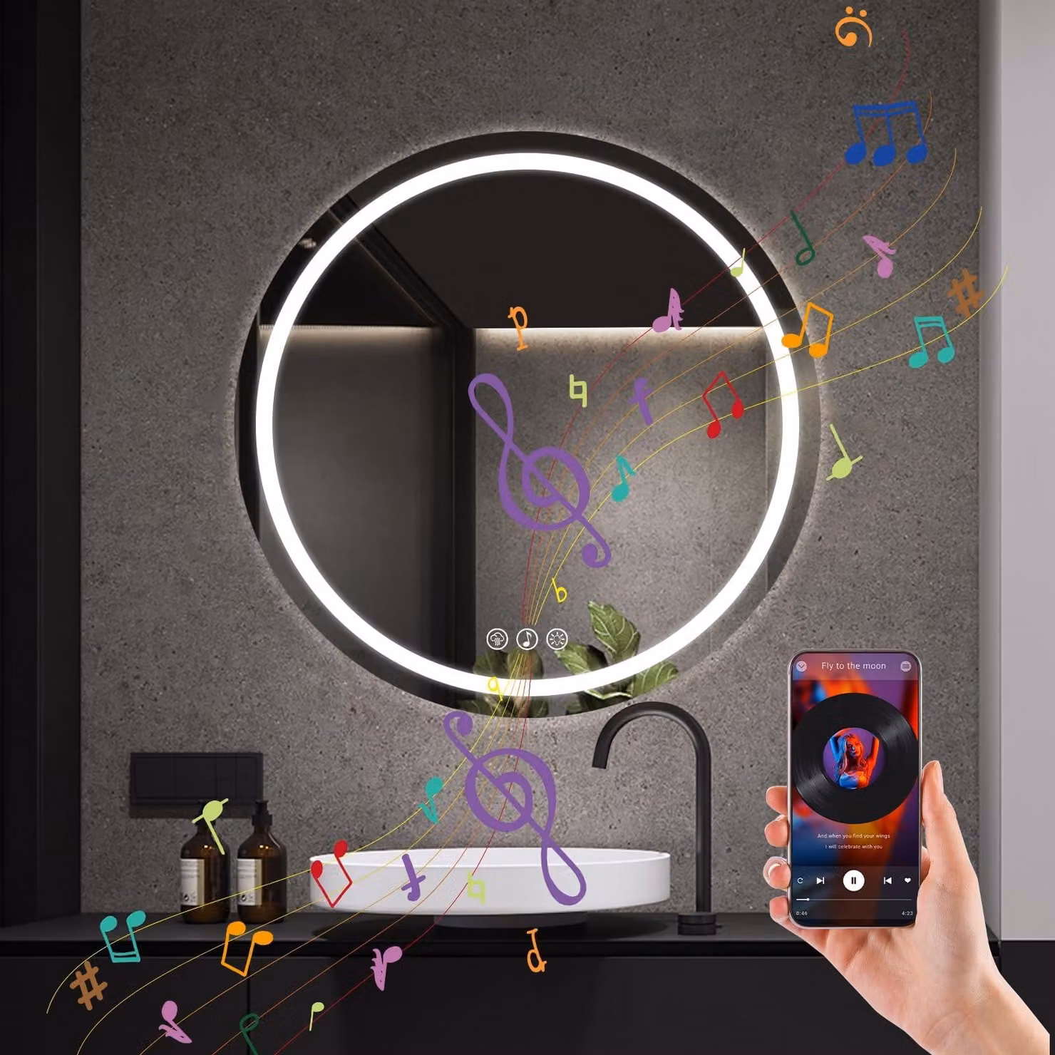 Specchio da bagno LED rotondo, diametro 70 cm, con Bluetooth, 3 tonalità di luce, dimmerabile, grado di protezione IP44