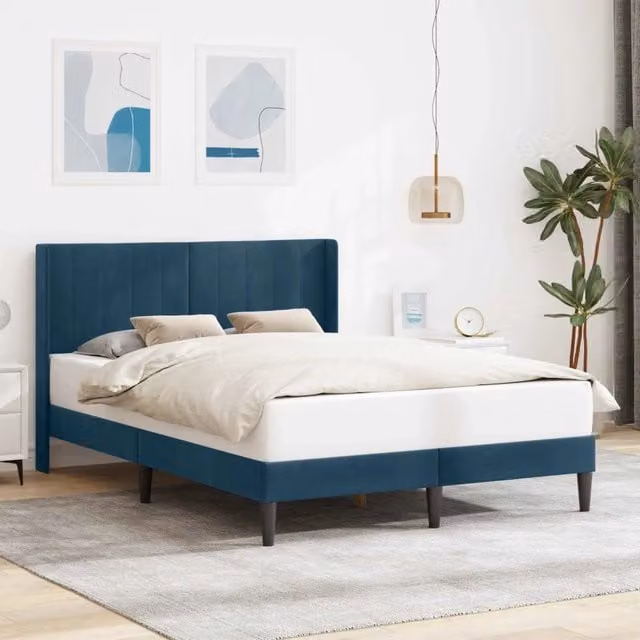 Struttura letto con testiera e giroletto in velluto blu, design moderno, L/P/H: 192 x 144 x 96 cm, 140 x 190 cm
