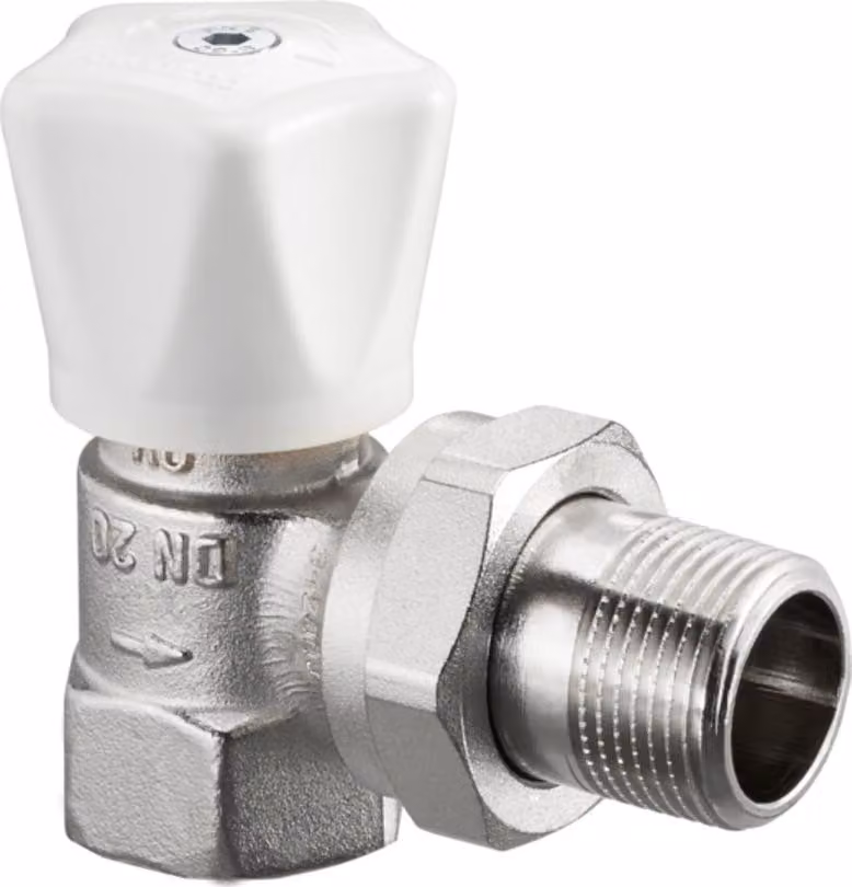 Valvola di regolazione manuale Oventrop serie HRV PN 10, bianca, ad angolo, DN 20, 3/4", misura ridotta