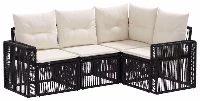Set di divani da giardino, 4 pezzi, colore nero e crema, in rattan sintetico
