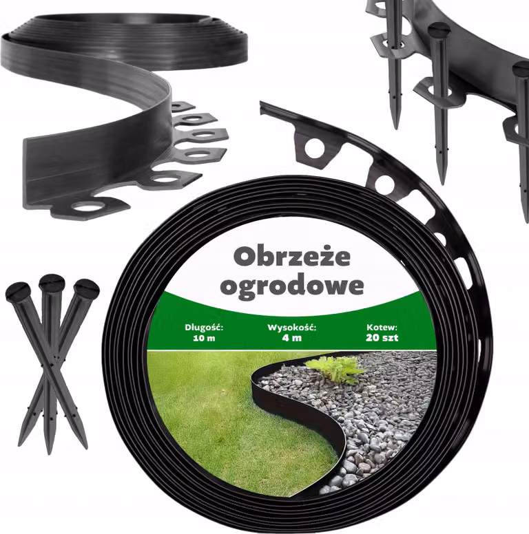 Bordatura in plastica nera, per giardini, lunghezza 10 metri, confezione con 20 picchetti, set