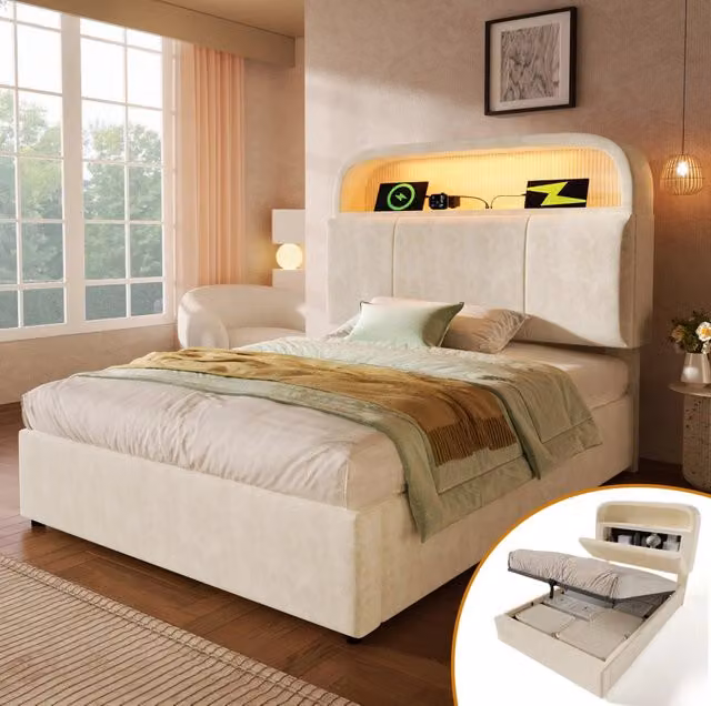 Letto imbottito 90x200 cm con contenitore idraulico; LED e ricarica USB/Type-C; velluto beige