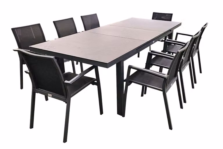 set 9 pezzi da giardino in alluminio antracite Tavolo allungabile 180-240 cm con 8 sedie impilabili