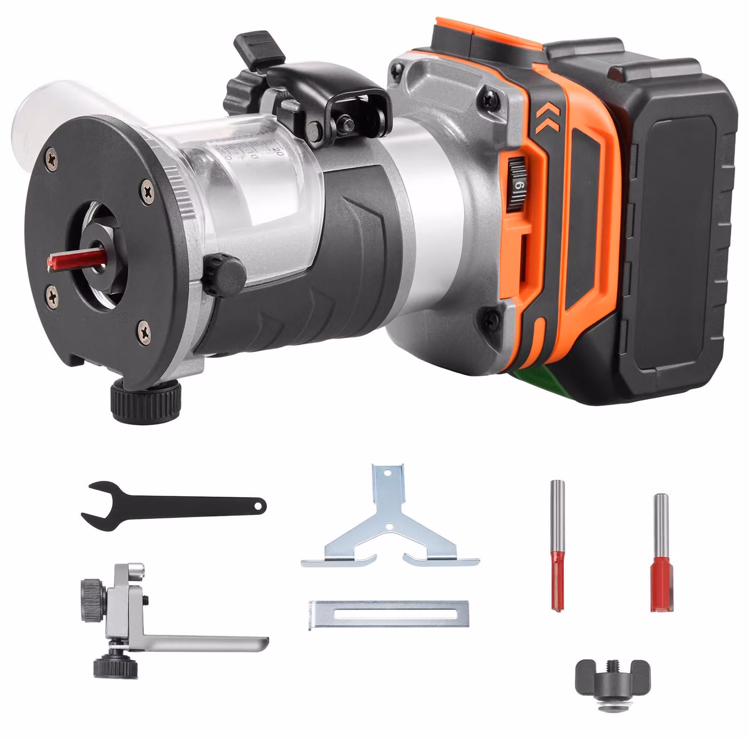 Fresatrice per bordi a batteria SucceBuy con motore brushless, fresatrice compatta con velocità variabile e base fissa, mandrino da 6,35 mm, fresatrice monomanuale per la lavorazione del legno, 18 V, Li-Ion (batteria non inclusa)