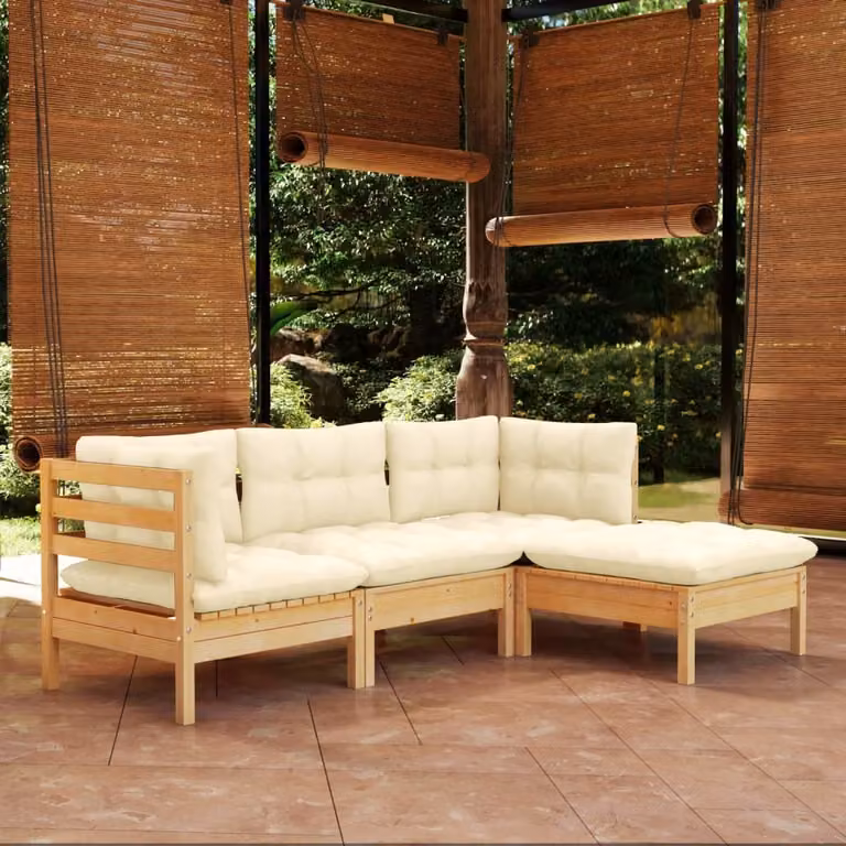 The Living Store Set da giardino 4 pezzi con cuscini crema legno di pino