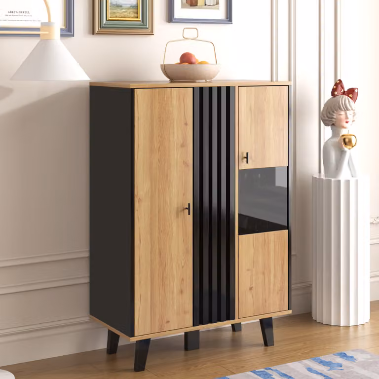 credenza moderna multifunzionale okwish 80*40*120 cm, mobile in vetro, illuminazione a LED. Credenza in laminato con design unico a strisce di legno nero