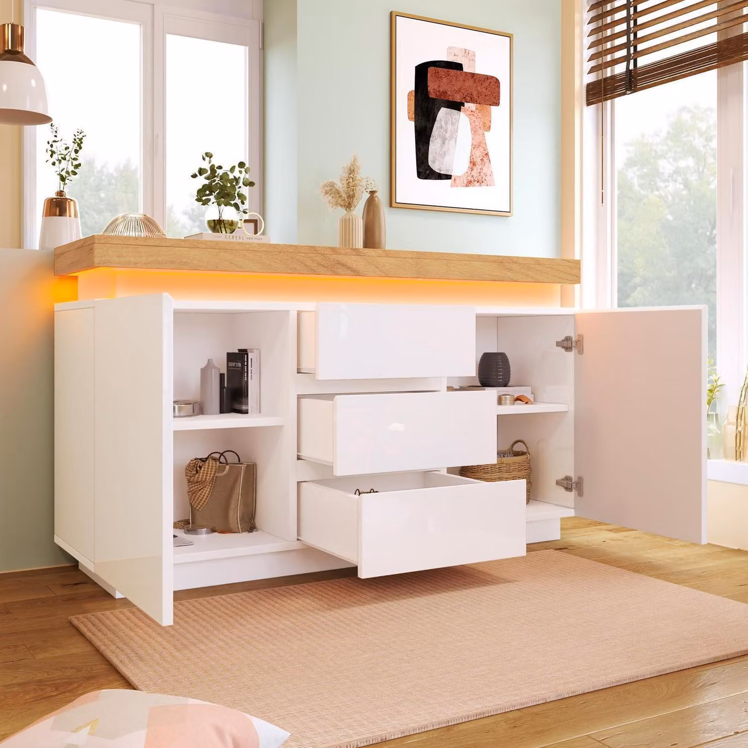 Comodino bianco lucido, 140 cm di larghezza, con illuminazione a LED e controllo tramite app