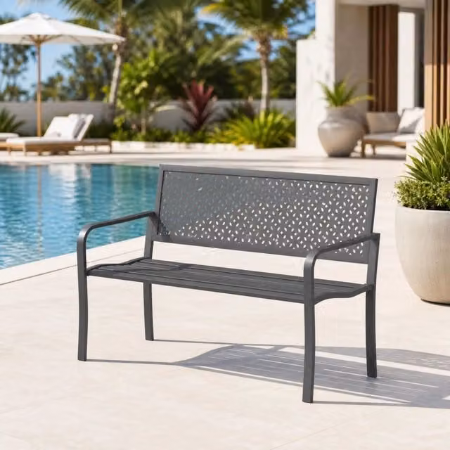 Panca da giardino MIVRAY a 2 posti in acciaio grigio scuro con schienale e braccioli, L: 127 cm, P: 85 cm, H: 61 cm