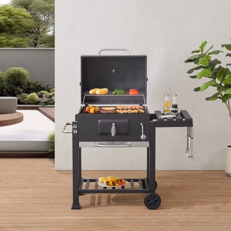 Grillwagen: barbecue a carbone con ampia superficie di cottura e termometro integrato