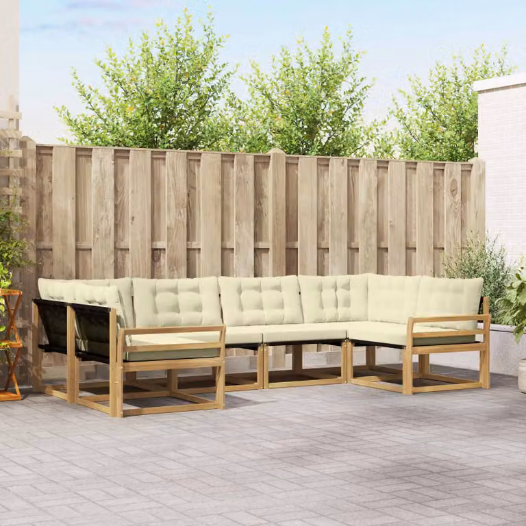 Set di divani da esterno vidaXL a forma di L composto da 6 pezzi in legno di acacia con tessuto textilene e cuscini, Bianco, Beige e Marrone
