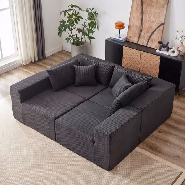 Divano angolare modulare a L Mivray in velluto a coste nero con seduta extra ampia per soggiorno e camera da letto