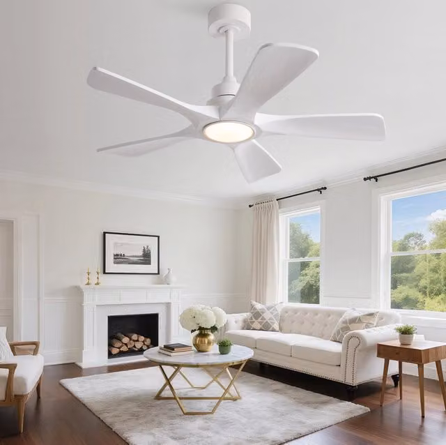Ventilatore da soffitto bianco 42 pollici con luce LED dimmerabile; 6 velocità; legno e metallo