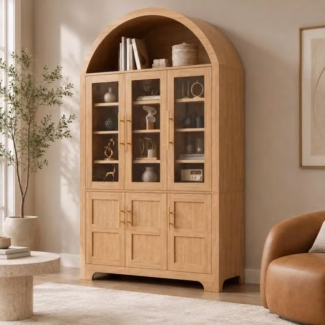Vetrina alta con nicchia ad arco; 3 ante in vetro e 3 ante chiuse; PB e MDF; 110x40x185 cm; naturale