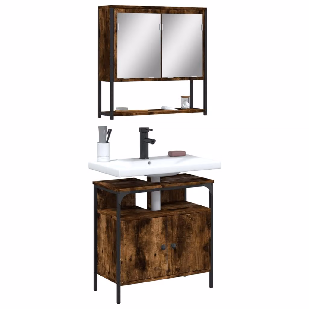 Set Mobili da Bagno Moderno vidaXL in Legno Rovere Marrone composto da Base Lavabo e Armadietto con Specchio