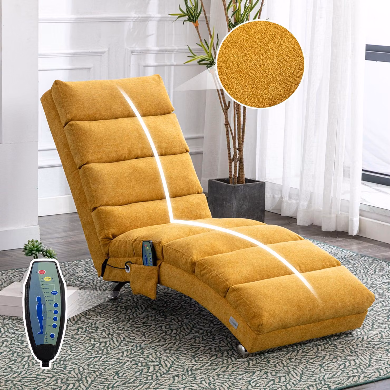 Poltrona relax, poltrona imbottita, divano reclinabile con funzione vibrante, sostegno per tutto il corpo, tasche laterali, design moderno, soggiorno, giallo senape