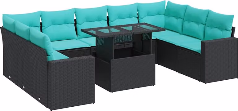 Set Divani Giardino 10pz con Cuscini Nero in Polyrattan Acacia