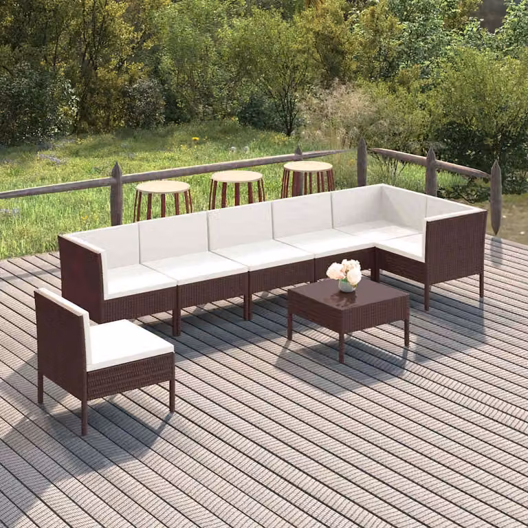 Set di divani da giardino vidaXL 8 pezzi in rattan marrone con cuscini bianchi e struttura in acciaio