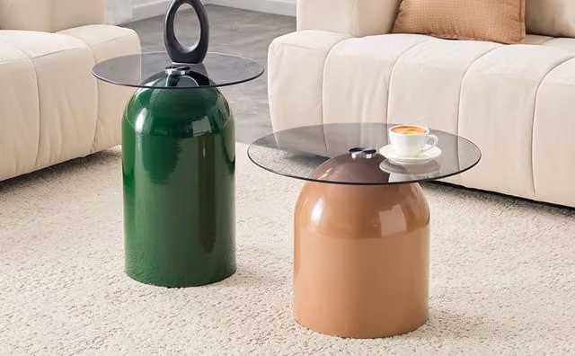 Set di 2 tavolini bassi rotondi OKWISH in vetro trasparente e metallo con finitura lucida per soggiorno e ufficio