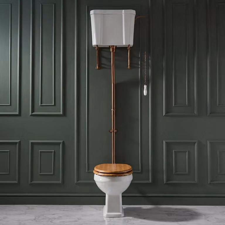 WC Tradizionale con Cassetta Alta - Kit scarico Rame Satinato- Copriwater Rovere - Richmond