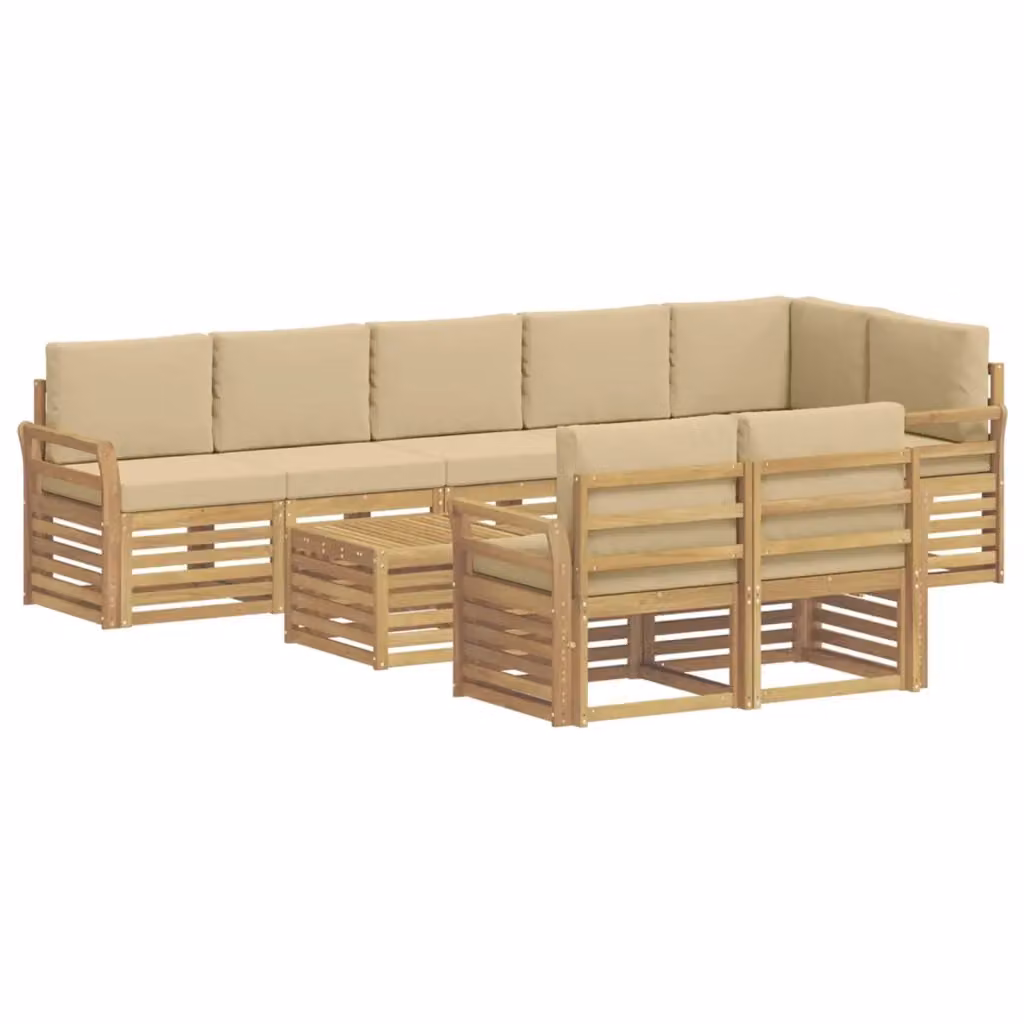 Set di divani da esterno a L vidaXL in legno di acacia con tavolo da caffè e cuscini, Bianco, Beige e Marrone – 2