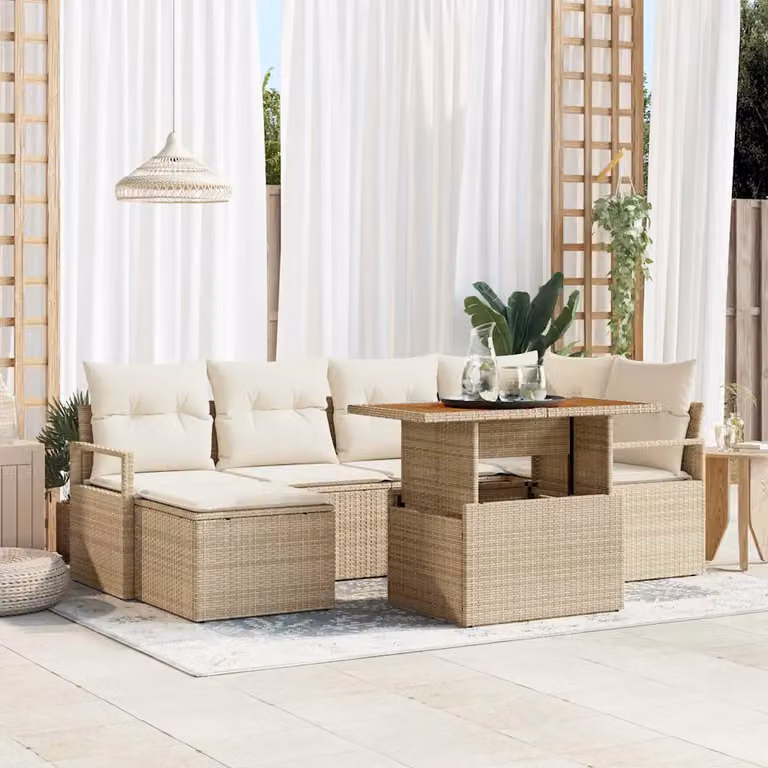 Set da pranzo da giardino vidaXL in rattan e legno di acacia, 7 pezzi, beige e crema