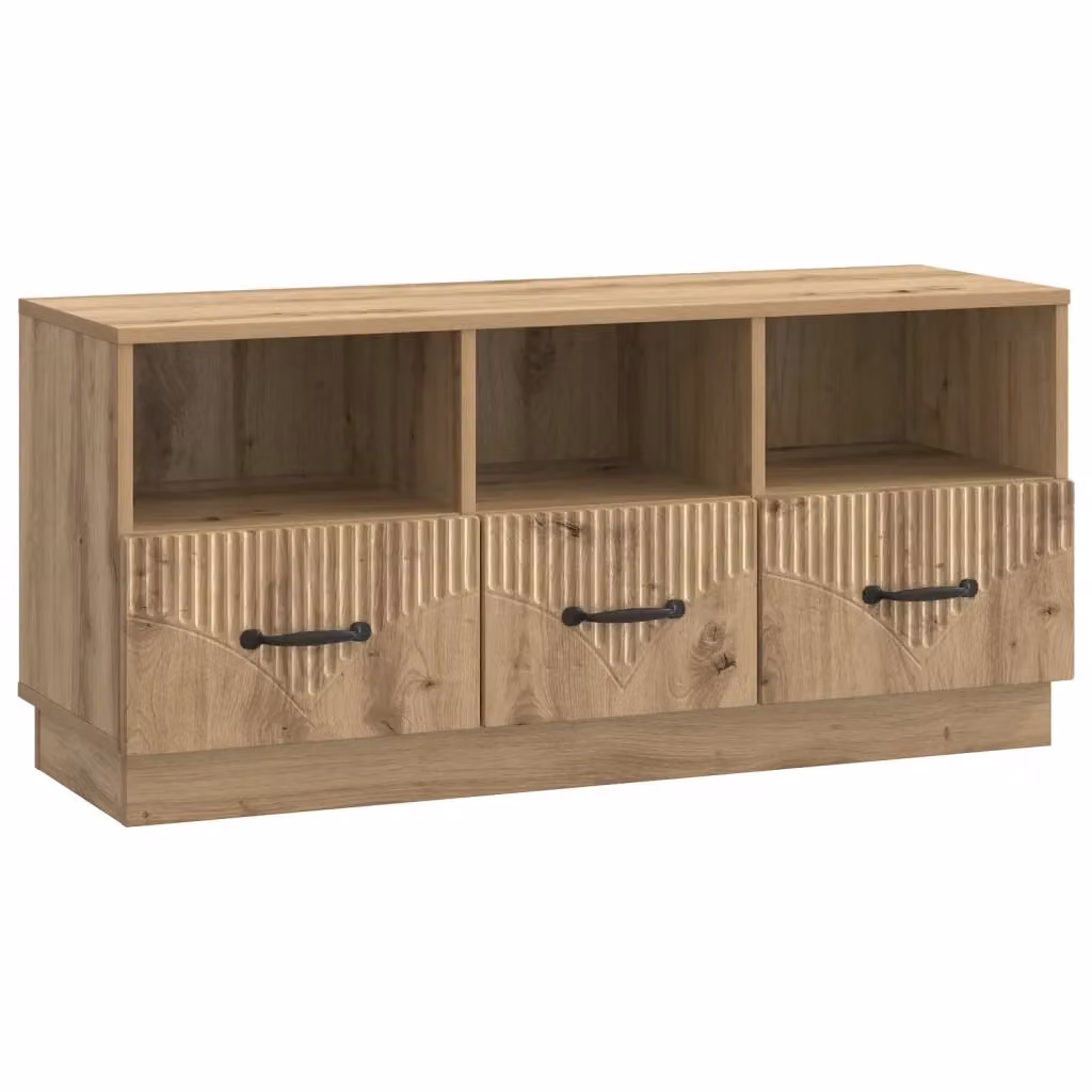 Mobile TV moderno in rovere artigianale marrone con cassetto e scomparti multimediali L: 102 cm, P: 34,5 cm, H: 47 cm – 2