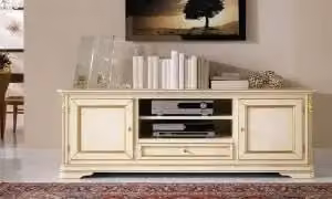 Mobile Porta tv polo Shabby chic avorio anticato decorato foglia oro