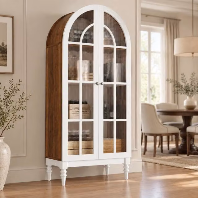 Vetrina ad arco 76x38;5x165 cm con ante in vetro scanalato; 3 ripiani; MDF bianco