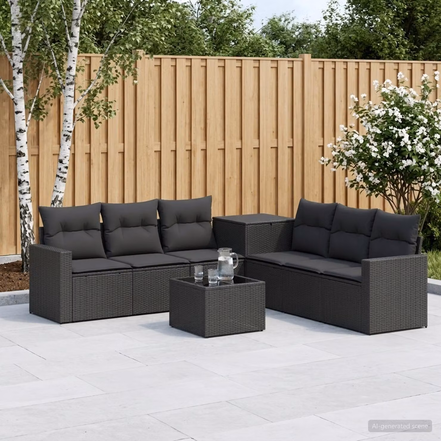 Set di divani da giardino vidaXL 8 pezzi in rattan sintetico e acciaio nero con cuscini inclusi e tavolino da caffè