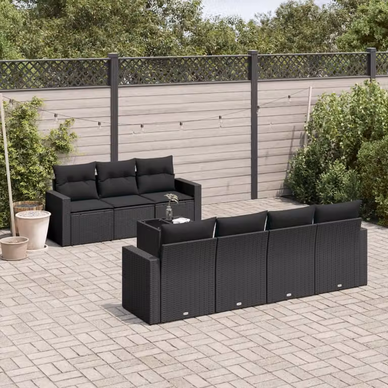 Set di divani da giardino vidaXL in polyrattan nero con 8 pezzi e cuscini inclusi