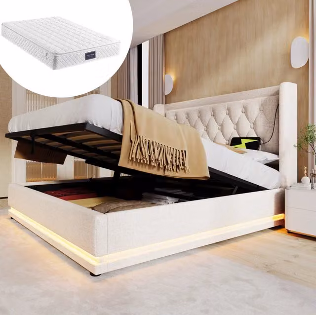 Letto imbottito 140x200 cm con contenitore idraulico; LED 3 lati; USB e Type-C; cotone beige
