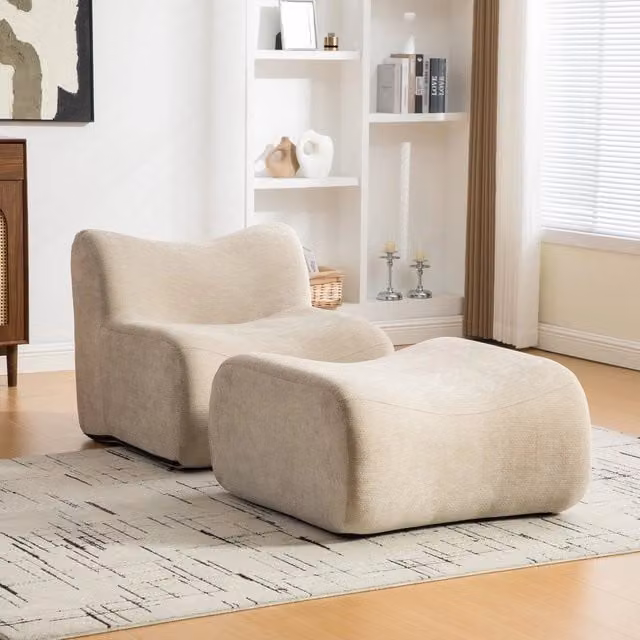 Divano Modulare Minimal in Tessuto Chenille Beige Chiaro